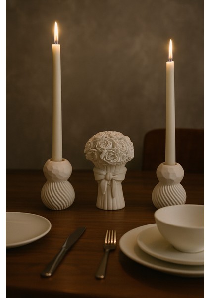 3’lü Şamdan Seti-Dekoratif Gül Buketi ve Şamdan fiyatları