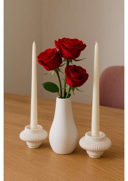 Dekoratif Vazo & Uzun Mumluk Seti – 3’lü Masa Dekoru