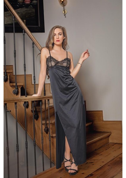 Pilelistore Dantelli Uzun Yırbrfaçlı Saten Gecelik Elbise String Takım Siyah (BRF31512) modelleri