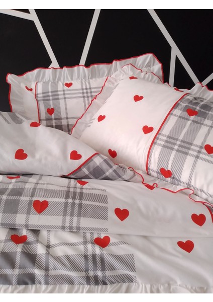 Love Check - Kırmızı Çift Kişilik Süs Dikişli Fırfır'lı Nevresim Seti Natural Pamuk