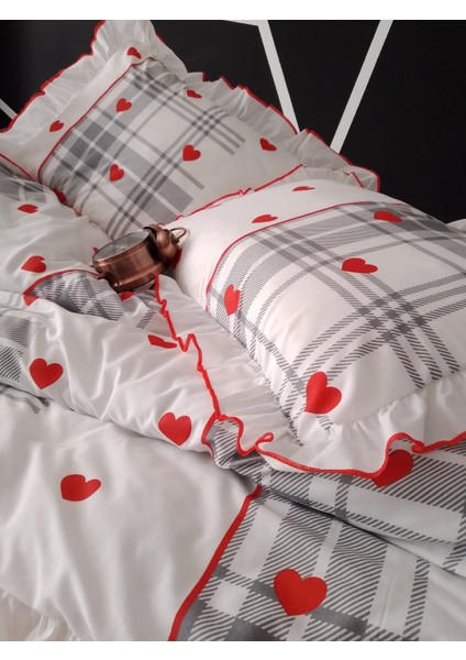 Love Check - Kırmızı Çift Kişilik Süs Dikişli Fırfır'lı Nevresim Seti Natural Pamuk modelleri