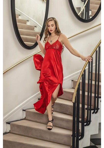 Pilelistore Dantelli Uzun Yırbrfaçlı Saten Gecelik Elbise String Takım Kırmızı (BRF31512) fiyatları