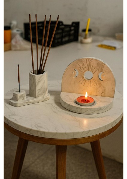 Mermer Desen Tütsülük ve Tealight Dekor Seti