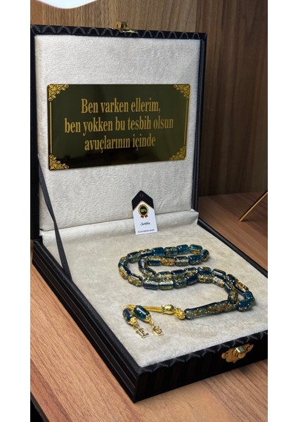 Kişiye Özel Püsküllü Kutu Yazılı Altın Parçacıklı Tesbih