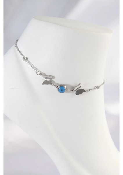 316L Çelik Gümüş Renk Nazar Boncuk Detay Kelebek Halhal