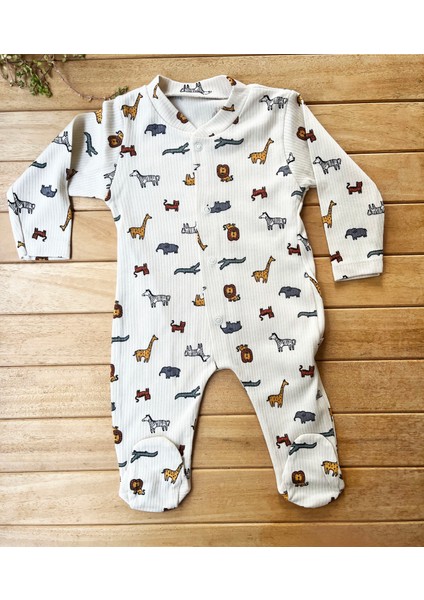 Mammaso Hayvanlar Alemi Desenli %100 Pamuk Ribana Dokulu Çıtçıtlı Uzun Kollu Fitilli Bebek Tulum