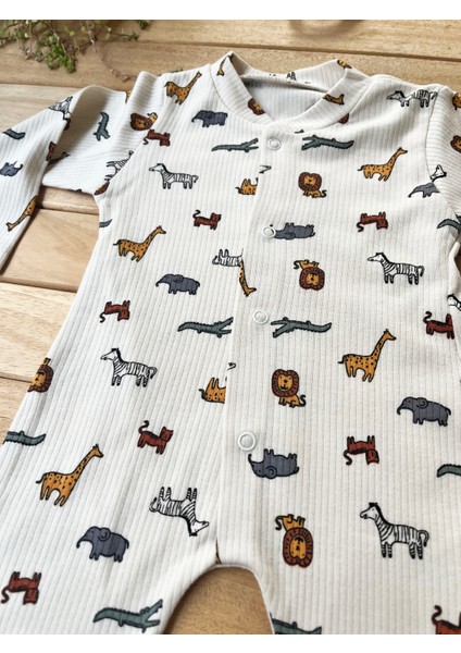 Mammaso Hayvanlar Alemi Desenli %100 Pamuk Ribana Dokulu Çıtçıtlı Uzun Kollu Fitilli Bebek Tulum fiyatları