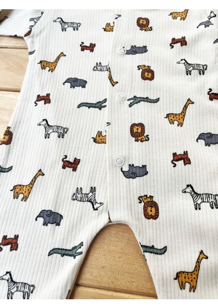 Mammaso Hayvanlar Alemi Desenli %100 Pamuk Ribana Dokulu Çıtçıtlı Uzun Kollu Fitilli Bebek Tulum modelleri