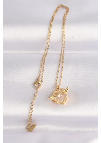 316L Çelik Zincir Altın Renk Zirkon Taşlı Kanatlı Kalp Kolye modelleri