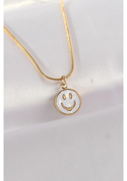 316L Çelik Zincir Altın Renk Mermer Desenli Minimal Smile Kolye