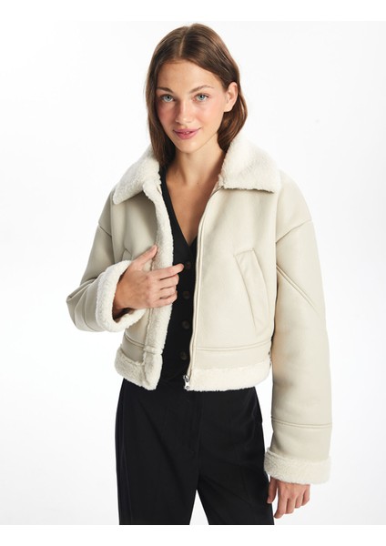 Yeni Sezon Gömlek Yaka Kadın Deri Görünümlü Mont