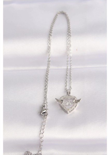 316L Çelik Zincir Gümüş Renk Zirkon Taşlı Kanatlı Kalp Kolye fiyatları