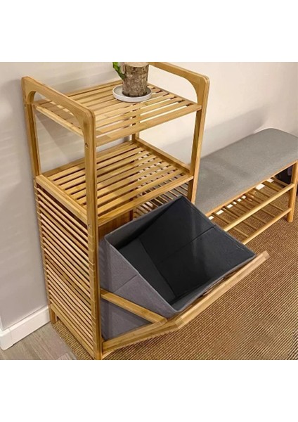 Buğz 2 Organizer Raflı Ahşap Bambu Çek-Aç Kirli Sepeti