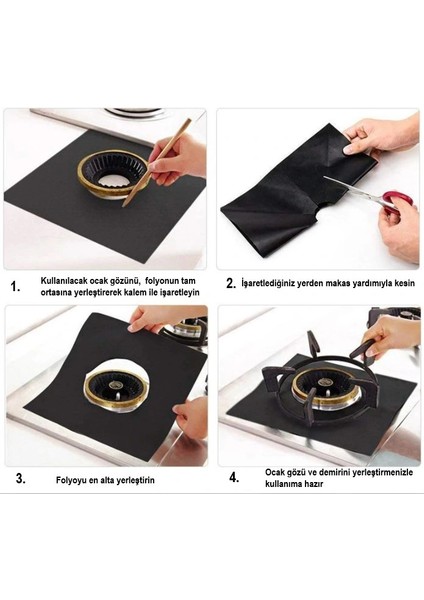 Buğz Siyah Renk Ocak Koruyucu Folyo Yanmaz Yapışmaz 4'lü Set