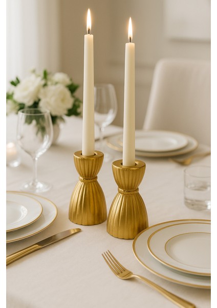 Gold Şamdan Mumluk Seti – Uzun Mumlu Dekoratif Masa Süsü (2’li)