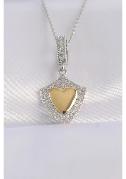 316L Çelik Zincir Gümüş Renk Zirkon Taşlı Tasarım Altın Renk Kalp Kolye
