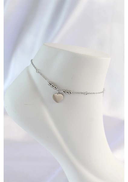 316L Çelik Gümüş Renk Zirkon Taş Detay Kalpli Halhal