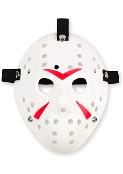 Buğz Beyaz Kırmızı Çizgili Tam Yüz Hokey Maskesi