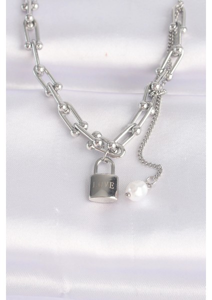 316L Çelik Zincir Gümüş Renk Zincirli Love Yazılı Kilit Kolye