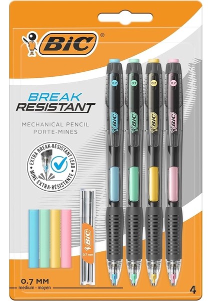 Break Resistance 0.7mm Uçlu Kalem, 4'lü Blister Versatil Kalem, 4 Adet Silgi, 6 Adet Yedek Uç,yandan Basmalı Sistem