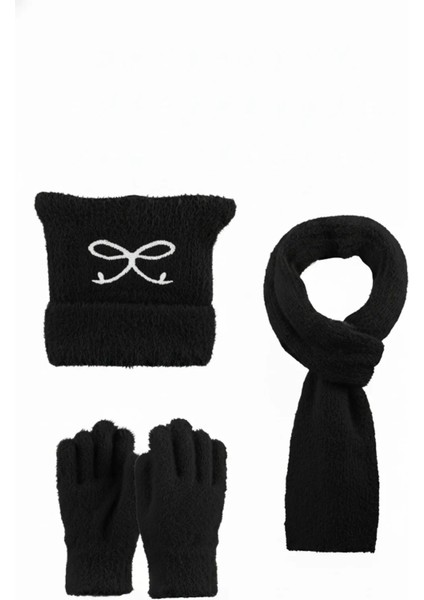 9-15 Yaş Garson 3'lü Takım Kız Atkı, Eldiven ve Şapka Set Içi Polarlı