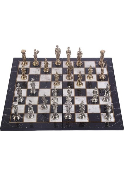 Büyük Boy Metal Pegasus Atları Satranç Takımı Parlak ve Katlanır Mermer Desenli Tahta