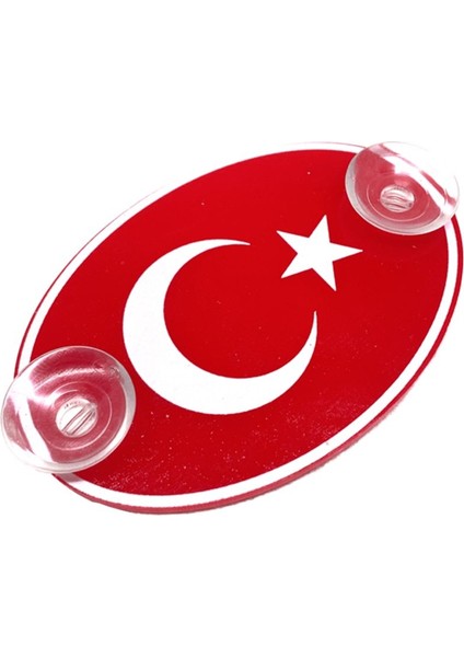 Türkiye Bayraklı Kırmızı Oval Vantuzlu Pleksi Cam Süsü Beyaz 13X8CM