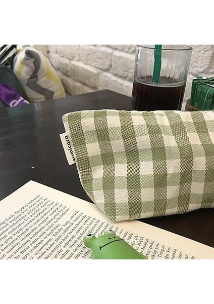 Pötikareli Yıkanabilir Fermuarlı Tek Gözlü Bez Kalemlik Kalem Kutusu Cüzdan Makyaj Çantası Bez Kalem Kesesi (Yeşil) fırsatları