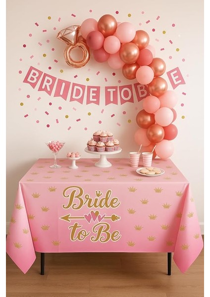 To Be Masa Örtüsü, Altın Taç Desenli, Pembe Renk, 120X180 Cm, Bekarlığa Veda Partisi Süsleme