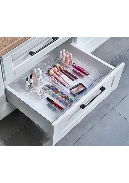 6'lı Şeffaf Çekmece Düzenleyici Seti – Plastik Organizer Kutular | Makyaj, Ofis, Mutfak ve Banyo Düzeni Için 6 Farklı Boyda Şeffaf Kutu modelleri