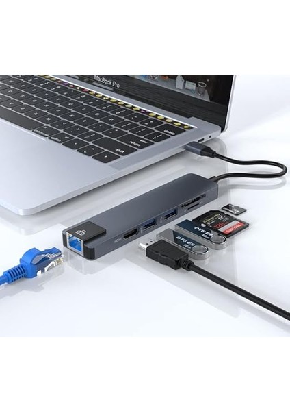 6 Port USB Hub 3.0 Type C Giriş Ethernet/hdmı Dönüştürücü Çoklayıcı Çoğaltıcı (Gri) modelleri