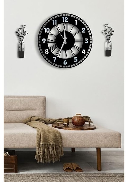 Modern Dekoratif Gümüş Aynalı Duvar Saati Vazo Desenli Tablo Seti - 48CM Yuvarlak Ahşap Pilli Saat Gümüş 48 x 48 fiyatları