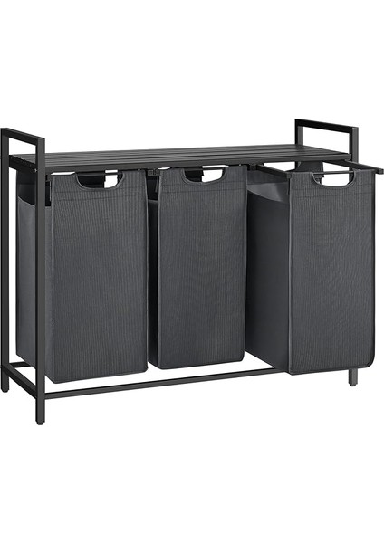 Çamaşır Sepeti 3 Bölmeli, Raflı Çamaşır Sepeti, Çamaşır Kutusu, Oxford Kumaştan Çekilebilir Çamaşır Torbası Çıkarılabilir, Metal Çerçeve, 3 x 38 L, 92,5 x 33 x 72 Cm, Siyah-Gri BLH301G01