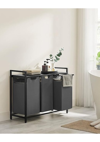 Çamaşır Sepeti 3 Bölmeli, Raflı Çamaşır Sepeti, Çamaşır Kutusu, Oxford Kumaştan Çekilebilir Çamaşır Torbası Çıkarılabilir, Metal Çerçeve, 3 x 38 L, 92,5 x 33 x 72 Cm, Siyah-Gri BLH301G01 modelleri