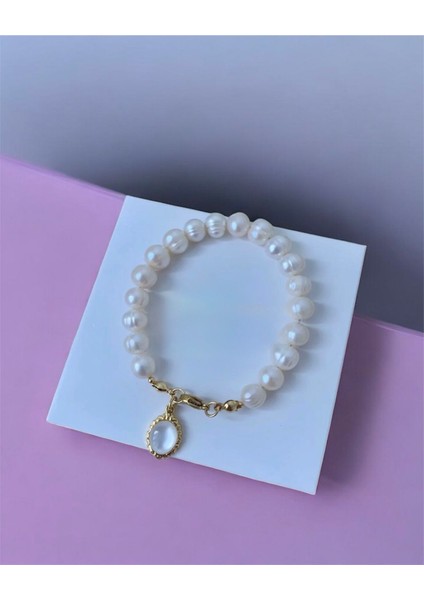 Sertifikalı Gerçek Doğal Beyaz Inci Kadın Bileklik Çelik Bağlantı Aparatlı Altın Kaplama Sedef Charm