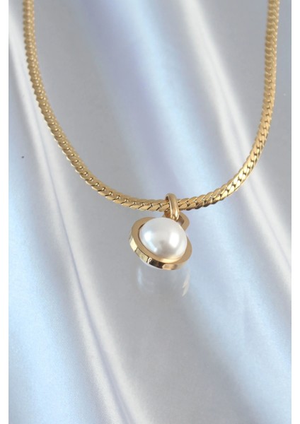 316L Çelik Gold Renk Yassı Zincir Inci Taşlı Kolye fiyatları