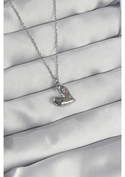 316L Çelik Zincir Gümüş Renk Renkli Zirkon Taşlı Kalp Kolye