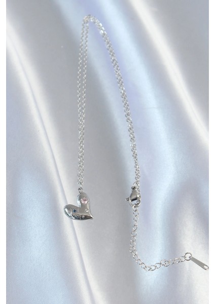 316L Çelik Zincir Gümüş Renk Renkli Zirkon Taşlı Kalp Kolye modelleri