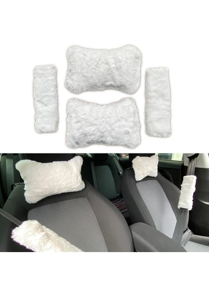 Peluş Ortopedik Araba Seyahat Boyun Yastığı Emniyet Kemer Pedi Seti Beyaz