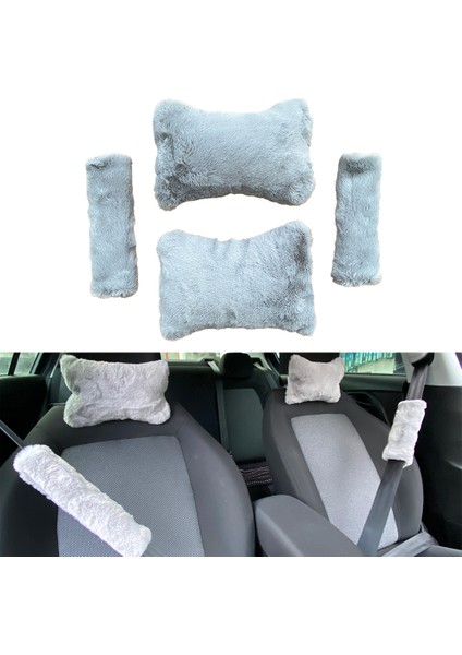 Peluş Ortopedik Araba Seyahat Boyun Yastığı Emniyet Kemer Pedi Seti Gri