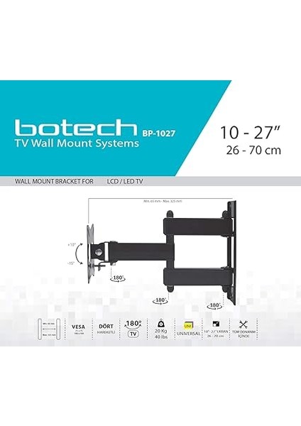 BP1027 BP-1027 Tv Hareketli Askı Aparatı, Siyah fırsatları
