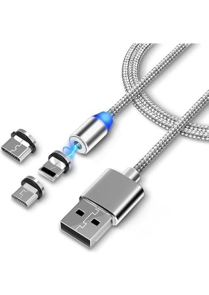 1049 1 Metre Lightning Micro USB Type C Mıknatıslı Tüm Telefonlar Uyumlu Şarj Kablosu (Kablo Bozulmasından Sıkıldınız Mı Manyetik Şarj Tak Çıkar Olmadığı Için Kablo Ömrü Uzun Olacak)