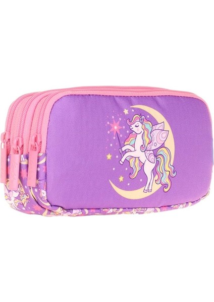 Üç Bölmeli Mor Unicorn Kız Çocuk Kalem Çantası