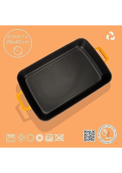 Spring Serisi - Döküm Rosto ve Fırın Tepsisi, Dikdörtgen, 26X40 Cm, Mat Emaye, Parlak Siyah Taban, Turuncu fırsatları