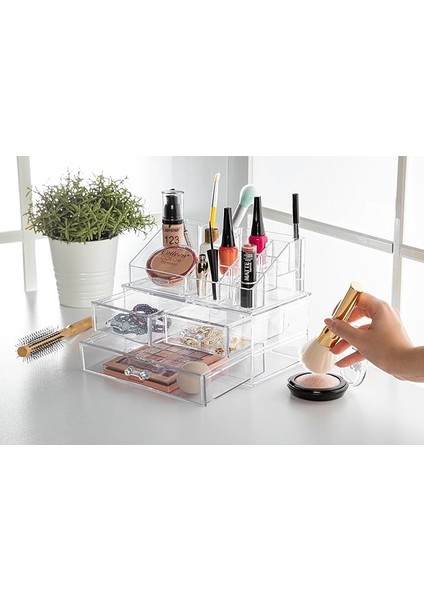 Çekmeceli Şeffaf Makyaj Organizeri Set Takı Kutusu Düzenleyici (Şeffaf 3 Çekmeceli)