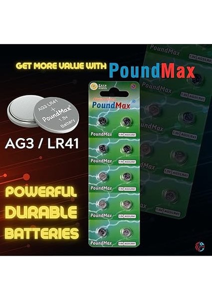 Adet Ag3 LR41 LR736 / L736 / G3 / G3A / 3ga / 192 / GP192 / V3GA / RW87 1.5V Poundmax Alkalin Düğme Piller Küçük Elektronik Ev Aletleri, Araba Anahtarları, Ölçüm Cihazları ve Hesap Makineleri fırsatları