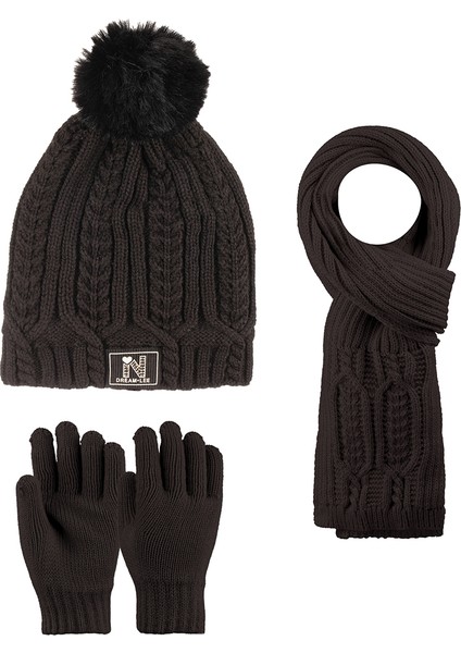 9-15 Yaş Garson 3'lü Takım Kız Atkı, Eldiven ve Şapka Set Içi Polarlı