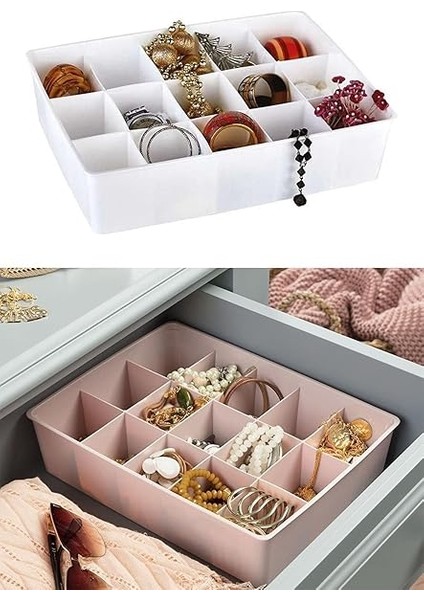 Kapaksız Dolap Içi 15 Bölmeli Çekmece Düzenleyici Plastik Hobi Kutusu Takı Makyaj Saklama Kabı Organizer (Beyaz) fırsatları