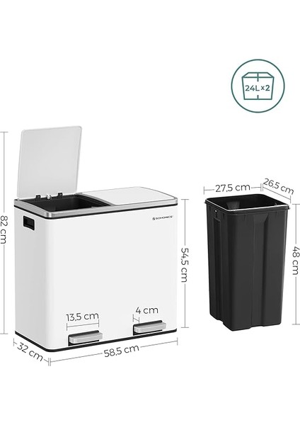 LTB48WT Mutfak Için 2 Bölmeli Pedallı Çöp Kutusu 2 x 24L Yumuşak Kapanış Plastik Iç Kovalı Çöp Kutusu, Ayak Pedallı ve Taşıma Saplı, Beyaz indirimleri