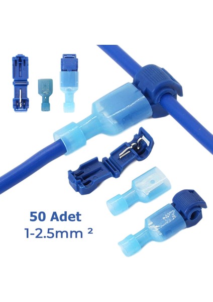T Hızlı Kolay Kablo Ekleme Aparatı Konnektör Klips Klemens Mavi 50 Adet